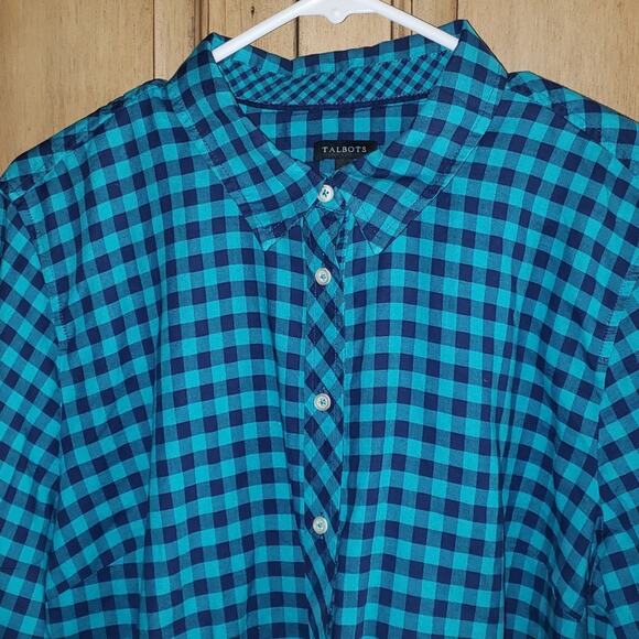 Talbots Button Down Shirt Long Sleeve Collared 100% Cotton Plaid Blue Green XL - Picture 3 of 9